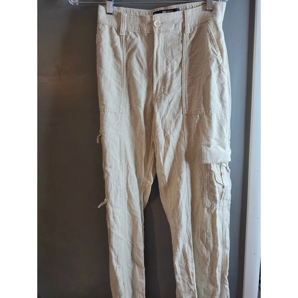 Hollister Ultra High-Rise Baggy Cargo Pants Beige Linen Blend Utility Mens Small